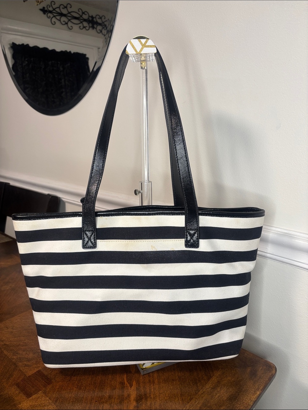 Michael Kors Black and White Striped Canvas Tote with Silver MK Charm - Picture 15 of 16